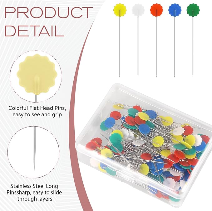 200Pcs Flat Head Straight Pins, Flower Head Sewing Pins Assorted Colors Quilting Pin for Sewing DIY Projects Jewelry Decoration Dressmaker