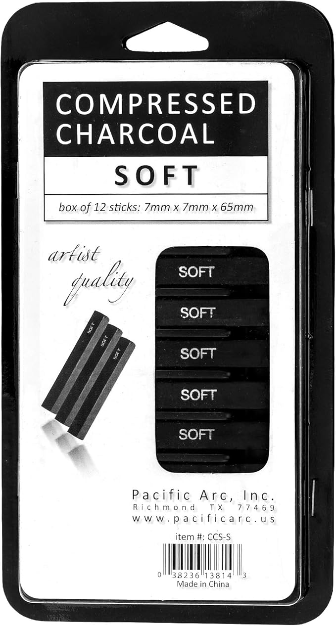 Pacific Arc Compressed Charcoal Sticks Soft 12 Pack for Drawing, Sketching, and Shading