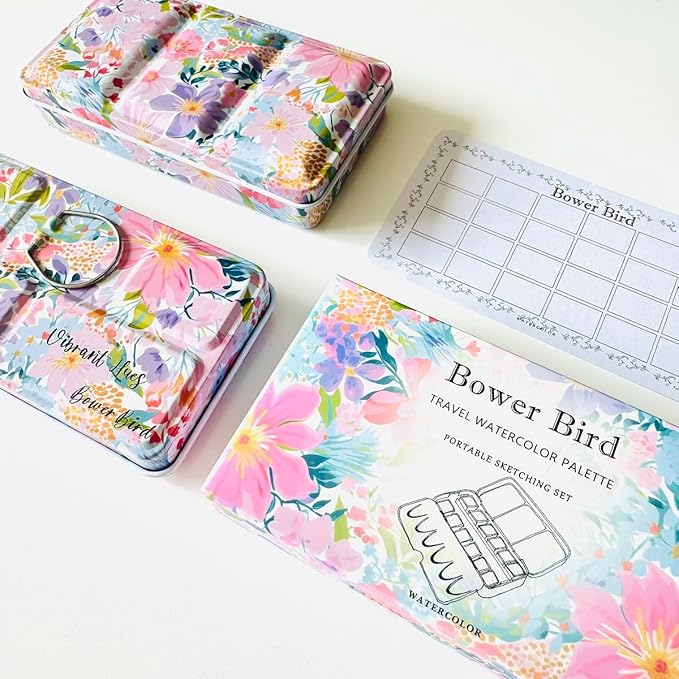 Bower Bird Travel Watercolor Palette,Portable Ceramic Palette,Empty Paint Palette,Small Travel Metal Paint Boxwith Porcelain Palette