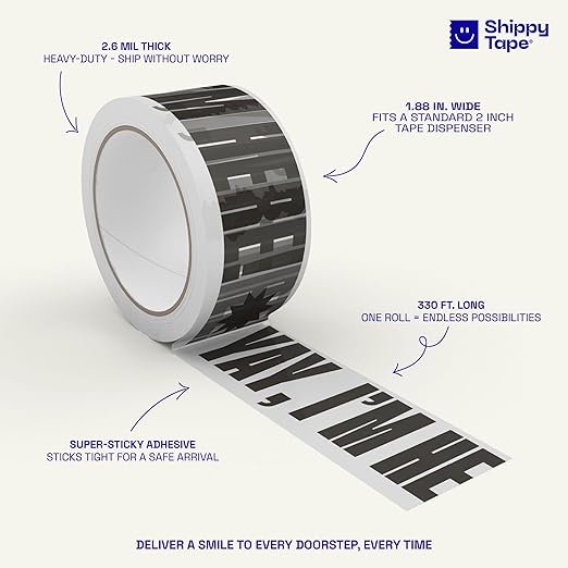 Printed Packing Tape for Small Business - Cool Decorative Designer Packaging and Shipping Tape - 1.88" x 110 Yards (330 feet) - Cute Yay, I'm Here! Clear Black