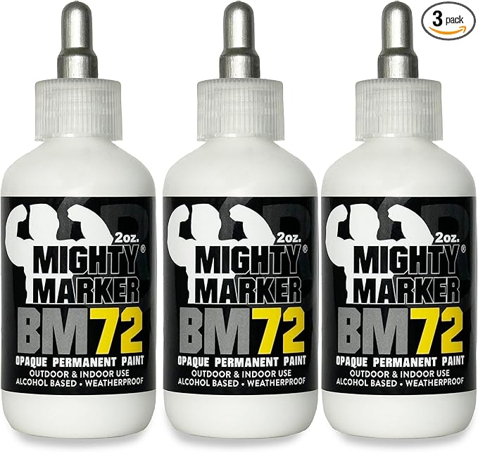 BM-72 Bottle Marker, 2oz (60ml) Alcohol-Based Paint, 1.2mm Steel Ball Tip, Valve Action, Waterproof & Weatherproof, Writes on Rough & Oily Surfaces, Made in USA - 3 Pack