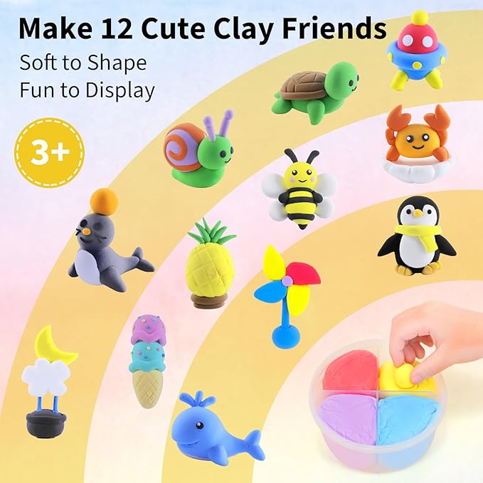 NewFamily Air Dry Clay Kit for Kids – 12 Easy Models, Soft & Non-Sticky Clay with Tools, Safe & Non-Toxic DIY Craft Set for Home, School, Parties & Gifts