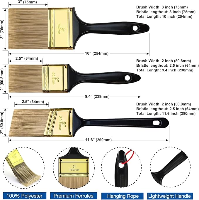 Great Andrew Paint Brushes, 30 PCS (2" 3" Flat & 2" Angled) Bulk Paint Brush Pack Multi use, Paint Brushes Set for Walls Fences Trim Home Furniture