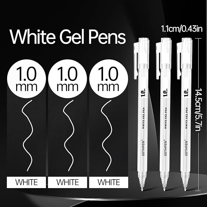 White Gel Pens, 1.0mm Extra Fine Point Gel Ink Pen Set – Opaque Archival Ink Pens for Black Paper Drawing, Bullet Journaling & Artists Drawing, 3 Pack