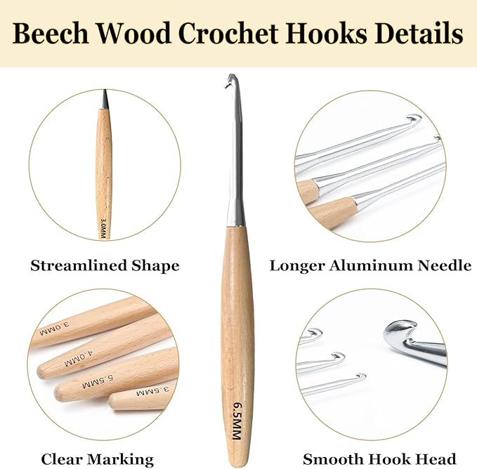 Beech Wood Crochet Hooks,4mm Ergonomic Handle Crochet Hook Hand DIY Comfortable Smooth Long  Crochet Needle for Crocheting Yarn and Beginners,Experienced Crochet Lovers