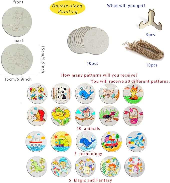 10PCS Wood Ornaments for Crafts with Double-Sided Designs Wood Circles for Crafts to Paint for Kids Hang or Display with Stand Wooden Ornaments for boy and Girl Ages 4-8