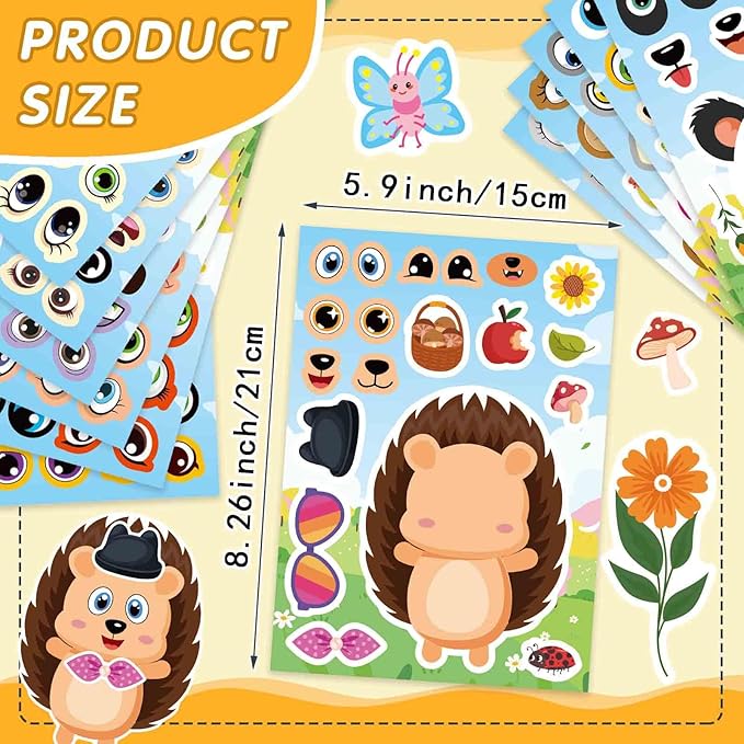 24 Sheets Make a Face Stickers, Animal Stickers for Kids Make Your Own Mix and Match Sticker Sheets with 12 Wild Animals Designs, Fox Elephant Hedgehog, Kids Party Favors Activities