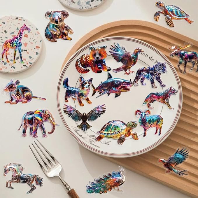 Yoksas Iridescent Wildlife Scrapbook Stickers - 50 Pieces Waterproof Clear Painted Animal Stickers for Scrapbooking,Journals,Planners