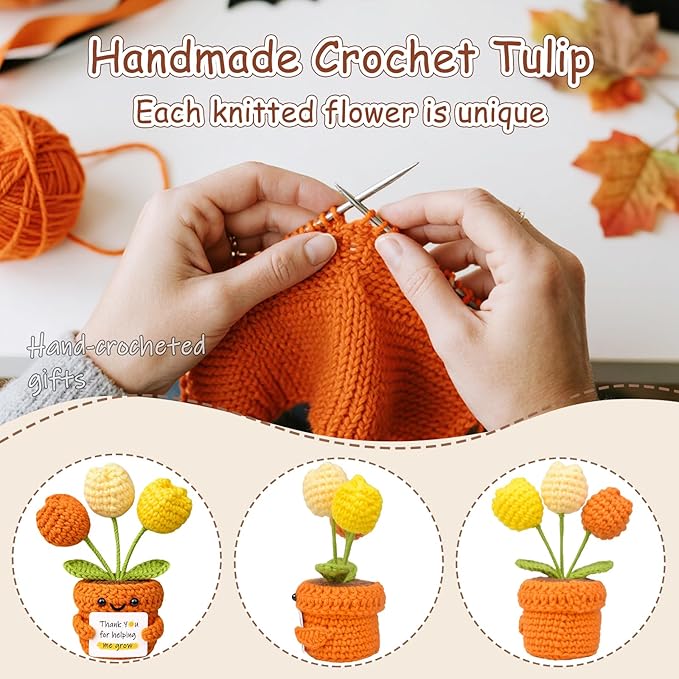 Positive Crochet Tulip Flower, Handmade Emotional Support Knitted Tulip Flowers Inspirational Gift for Women - Thank You, Appreciation, Positive Gift for Teacher, Mom, Friend, Coworker