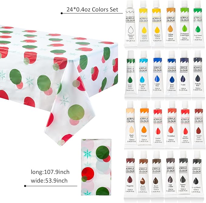 Rabbitale 370 Pcs Art Painting Kit Supplies Set for Party - 200 Paint Brushes, 48 Acrylic Paints, 20 Wood Easels & Canvas Panels & Palettes & Aprons & Wash Pen Cup, 2 Plastic Tablecloth