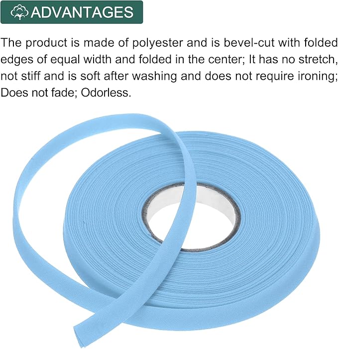 MECCANIXITY 2/5 Inch Double Fold Bias Tape Polyester Continuous Bulk Bias Tape for Sewing,Seaming Quilting Hemming Binding Crafts (Light Blue 10 Yards)
