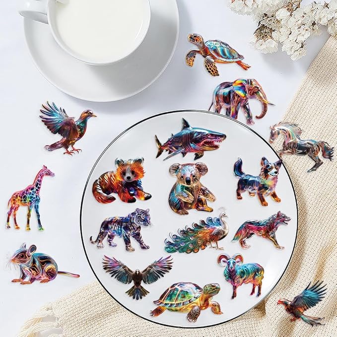 Yoksas Iridescent Wildlife Scrapbook Stickers - 50 Pieces Waterproof Clear Painted Animal Stickers for Scrapbooking,Journals,Planners