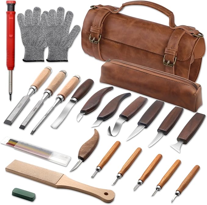23PCS Wood Carving Kit - Whittling Knife Set with PU Leather Storage Bag, Wood Carving Knives, Detail Knives, Safety Gloves, and Leather Strop for Beginners & Experts