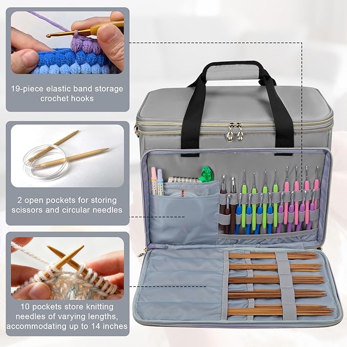 Large Crochet Bags Knitting Bags Yarns Storage Tote, Yarn Bag with Clear Top Lid, Unfinished Project Compartment, 6 Yarns Holes. Holds Knitting Needles, Crochet Hooks, Yarn, Gray, (Bag Only)