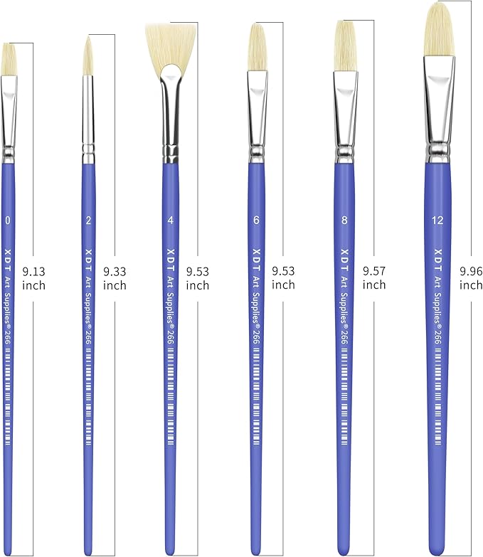 XDT#266 Paint Brush Set–6Pcs, Hog Bristle Brushes for Oil Acrylic Watercolor Painting, Kids Adult Drawing Arts Crafts Supplies, Blue