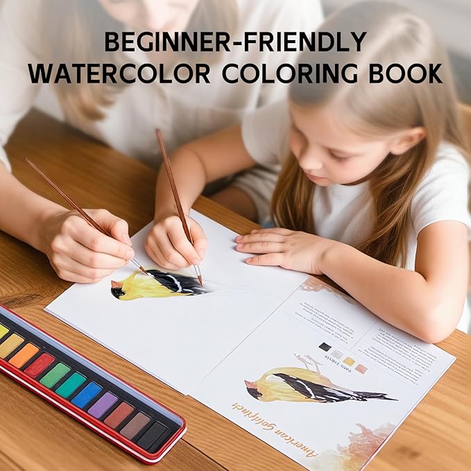 Watercolor Workbook, Water Coloring Book, Beginner Friendly Water Painting Book, Watercolor Sketchbook Paint Book with 12-Color Paint Set & Brush for Adults and Teens(Birds)