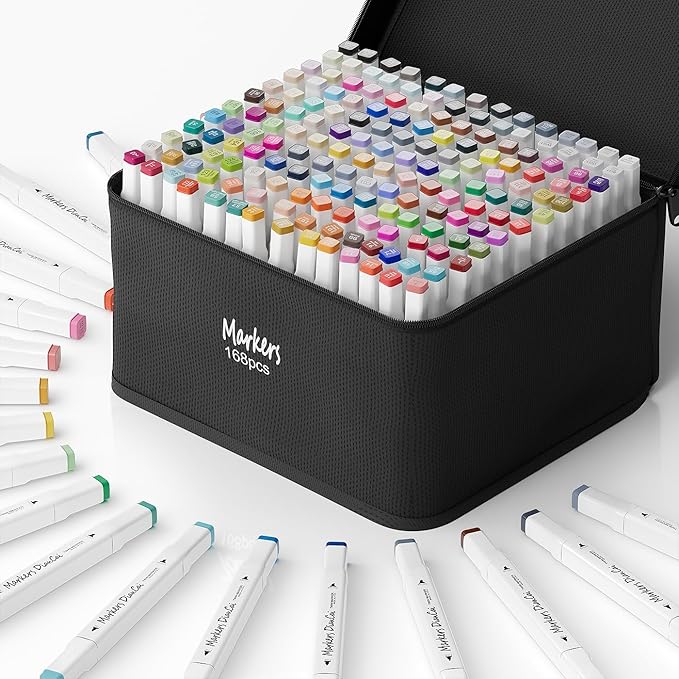 Alcohol Markers 168 Colors,Chisel & Fine Dual Tip Marker Set for Adults,Permanent Markers Pens Coloring Alcohol Markers Perfect Art Gift for Painting Coloring Sketching