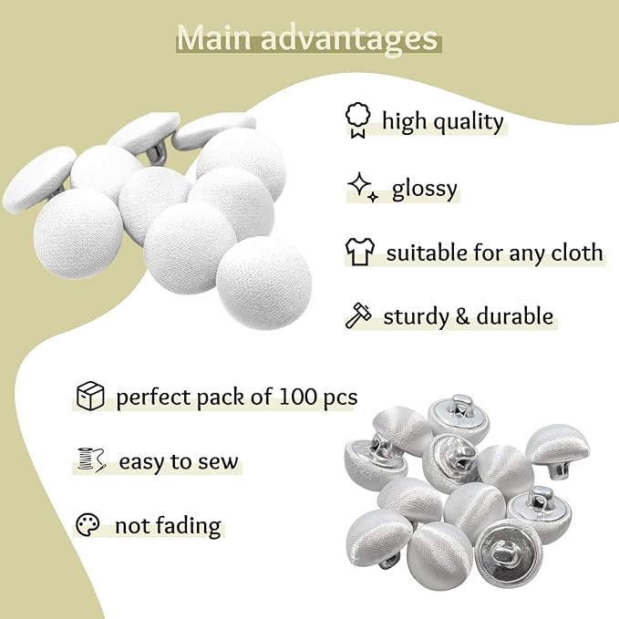 100 Pcs White Tuxedo Buttons 0.6 inch (15 mm) White Satin Buttons for Sewing Fabric Covered Smooth Cloth Metal Shank Round Ideal for Formalwear Wedding Dress Blouse Skirts Crafts