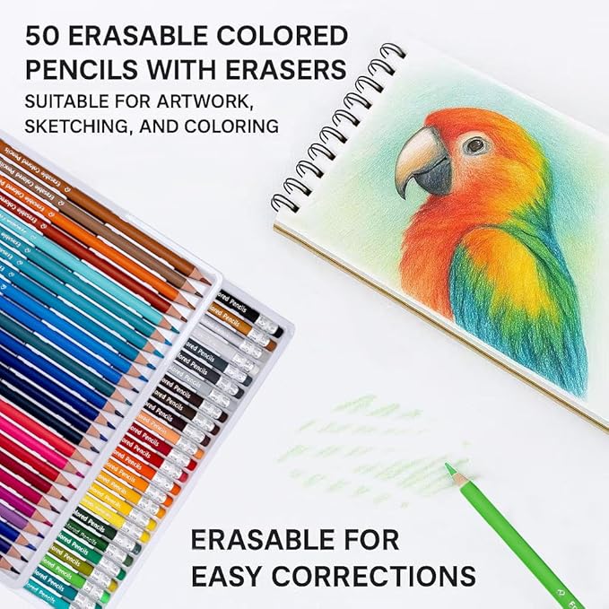 Pre-sharpened Colored Pencils with Erasers, Erasable Color Pencils, Drawing Pencil, Art Pencil for School Supplies, Drawing Supplies (50 Colors)
