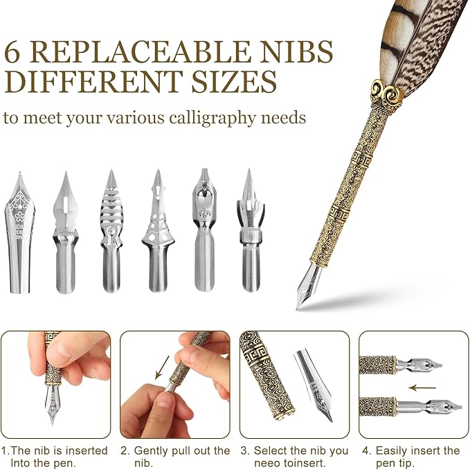 GC QUILL Calligraphy Pen Set - Feather Dip Pen,Dual Tip Calligraphy Fountain Pen, Stamp, Wax Candle, Pen Base, Ink Bottle, Ink Cartridges L1492