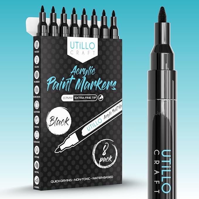 Utillo Craft Black Paint Pen (8-Pack) for Rock Painting, Wood, Glass, Tire, Canvas, Metal, Fabric | Extra Fine 0.7mm Tip Made in Japan | Bold Color Acrylic Black Paint Markers | Perfect Art DIY Gift