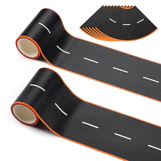 HFKPJRT 3 Inch Road Tape for Kids, Black Residue Free Road Tapes for Toy Cars, 2 Rolls Roadway Tape with Curves, Race Car Track Tapes for Kids Birthday Party Racing Party Decoration, 32.8 FT Long