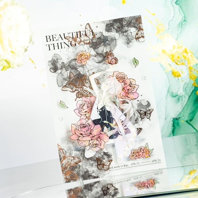 Watercolor Floral PET Sticker Set, 60PCS Gold Foil Flower Stickers for Scrapbooking, Journaling, DIY Crafts, Decorative Collage, Planner, and Art Supplies