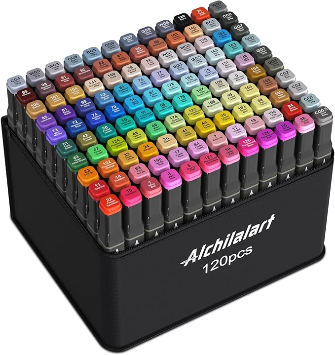 alchilalart 120-Colors Alcohol Based markers, Alcohol Markers Set, Dual Tip Alcohol Sketching Drawing Markers Animation for Adults Kids