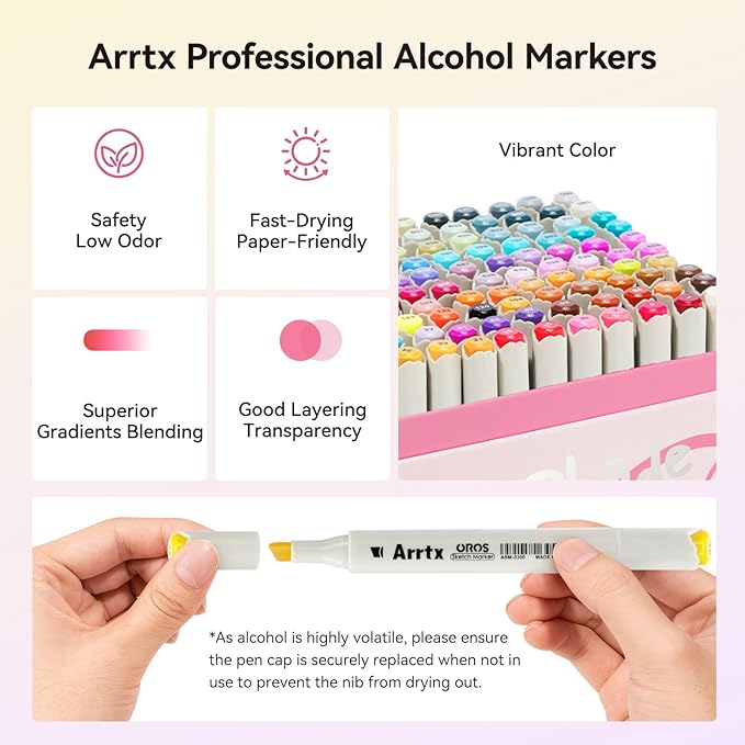 Arrtx Alcohol Markers 160 Color Set, Dual Tip Brush and Chisel, Professional Alcohol-Based Art Markers for Artists, Adults, Beginners, Ideal for Sketching,Illustration