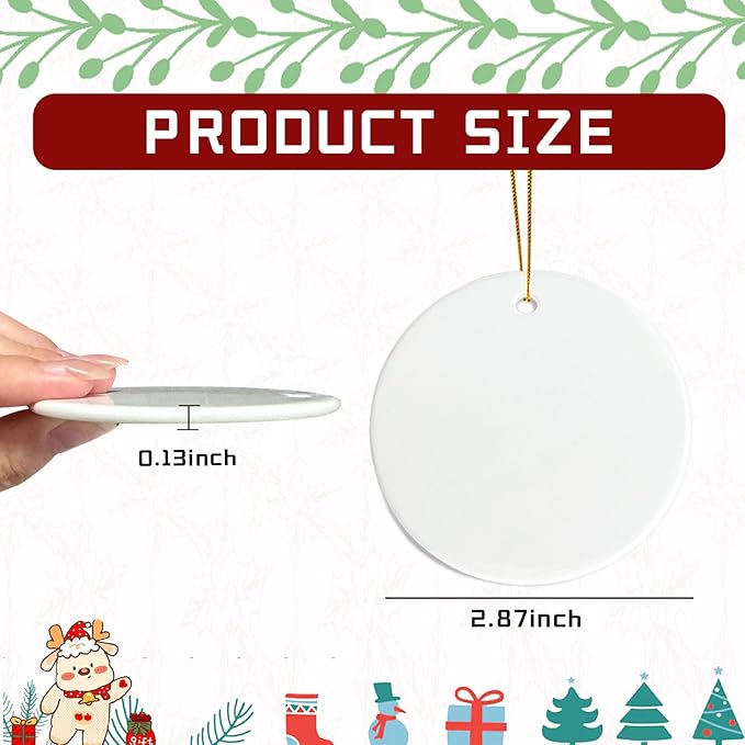 Sublimation Ceramic Ornament Blanks Bulk - Double Side White Round Porcelain for Heat Press Printing - Personalized Xmas Tree Ornaments for Crafts (48)