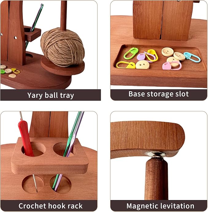 Magnetic Wooden Yarn Holder for Crocheting & Knitting – Smooth Rotating Yarn Spinner with Double Spindles, Tangle-Free Thread Dispenser, Ideal Gift for Knitters & Weavers (Brown)