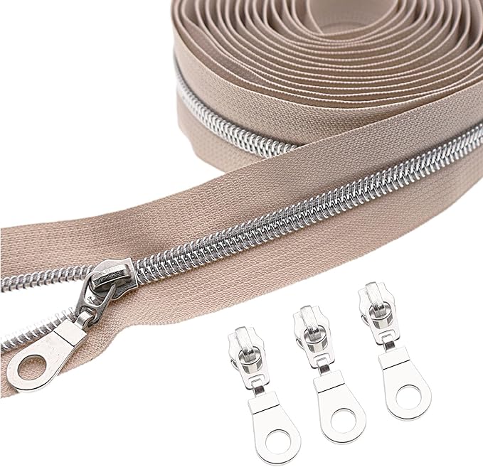 #5 Silver Metallic Nylon Coil Zipper by The Yard, Bulk 10 Yards Beige Zipper Tape Silver Teeth with 25PCS Silver Zippers Pulls for Sewing, Bags, Purses YIGUANXIN