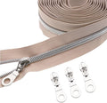 #5 Silver Metallic Nylon Coil Zipper by The Yard, Bulk 10 Yards Beige Zipper Tape Silver Teeth with 25PCS Silver Zippers Pulls for Sewing, Bags, Purses YIGUANXIN