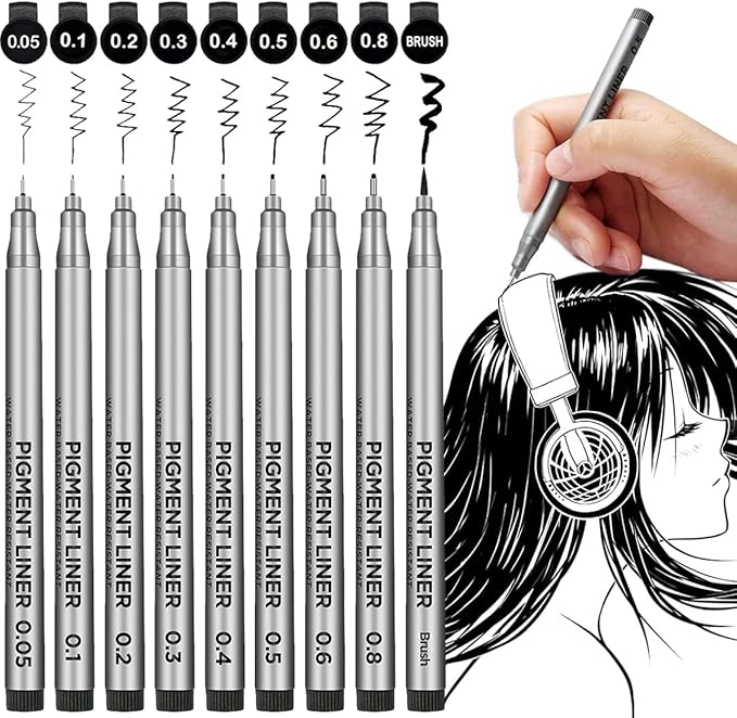 YUANCHENG Precision Micro-Line Pens, Set of 9 Black Micron Fineliner Ink Pens, Waterproof Archival Ink, Multiliner, Sketching, Anime, Artist Illustration, Technical Drawing，Art Watercolor