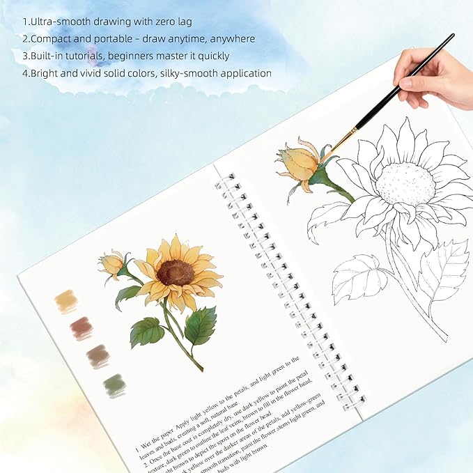 Watercolor Workbook, 15 Different Patterns of Original DIY Paintings for Water Color Book, 8.7 * 6.7inch, Water Coloring Book for Beginners Adults (Without Palette, Flowers)