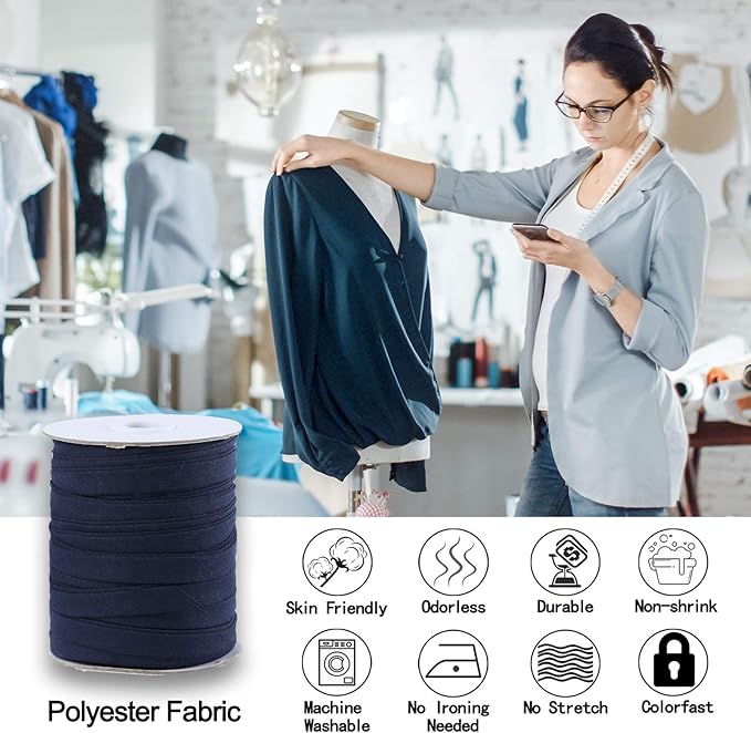 Bias Tape Double Fold 1/2 inch, Double Fold Bias Binding Tape 55 Yards (Navy Blue) and 4 Pieces Sewing Fabric Chalks for Crafts, Sewing, Seaming, Hemming, Piping, Quilting.