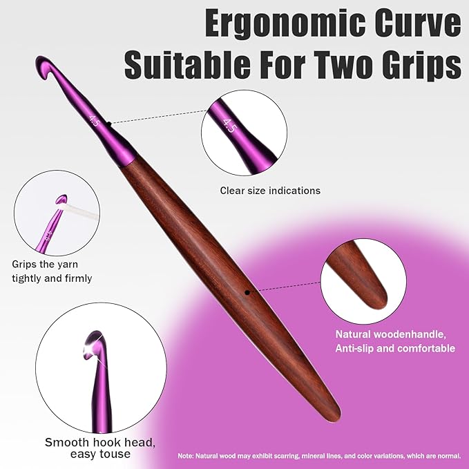 Giwrmu Crochet Hooks, 4.5mm Ergonomic Crochet Hook, Available in 3mm-7mm, Colored Aluminum Crochet Hook with Wooden Handle Crochet Needle for Crocheting Yarn