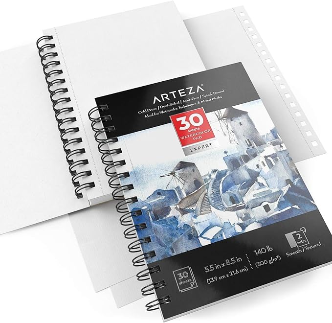 ARTEZA Watercolor Paper, Pack of 3, 30 Sheets Each, 5.5x8.5 Inches Water Pad, Spiral Bound, 140lb/300gsm Cold Press, Acid Free Art Paper