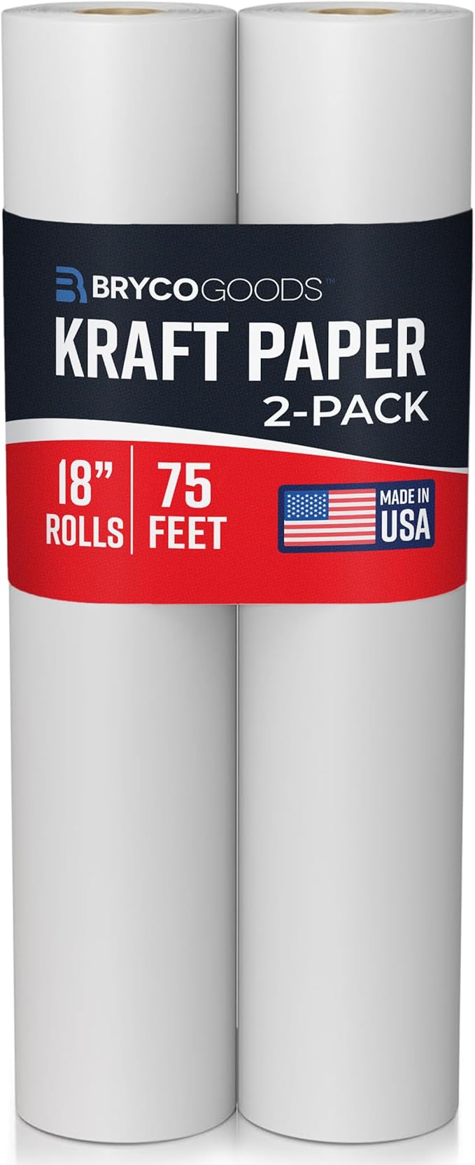 Bryco Goods Kraft Paper Roll - 18” x 75’ (900”) - Pack of 2 - White Easel Paper for Drawing, Painting, Arts & Crafts, Bulletin Boards, and Gift Wrapping - Made in The USA