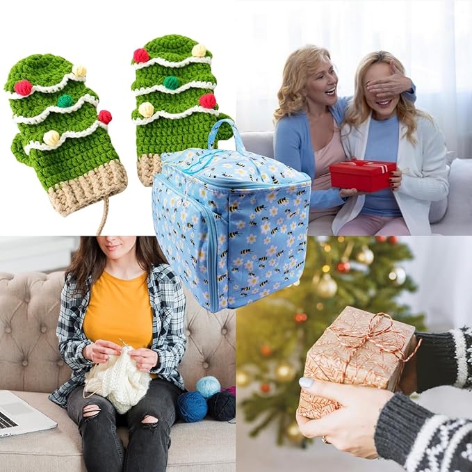 WAZAIGUR Indoor Outdoor Portable Yarn Storage Organizer for Crocheting Knitting Lovers Tote Large Capacity Knitting Project Bag, Blue