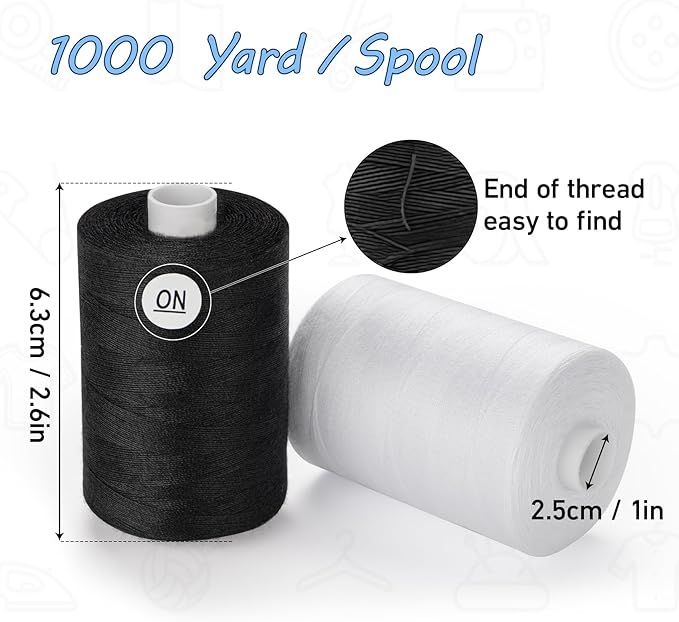 12 Pcs Sewing Thread, 1000 Yards Black Threadfor Sewing，All-Purpose White Thread forSewing, Polyester Threadfor SewingMachine, Hand Stitching, Quilting (White & Black)