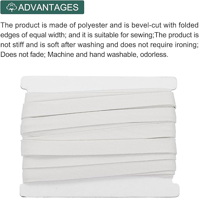 MECCANIXITY 2/5 Inch Double Fold Bias Tape Cotton Continuous Bulk Bias Tape for Sewing,Seaming Quilting Hemming Binding Crafts (Light White 6 Yards)