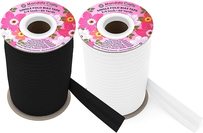 Mandala Crafts 3/4 Inch Single Fold Bias Tape for Sewing, Quilting, Piping, Hemming, Blanket & Quilt Binding – 80 Yards Black and White Fabric Seam Binding Tape