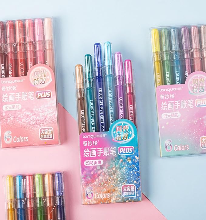Glitter Gel Pens, 6 Pack Colored Pens for Black Paper & White Paper, 1.0mm Point Pens, Large Capacity Ink Pens for Coloring, Writing, Drawing, Journaling, Note Taking, Office, Home