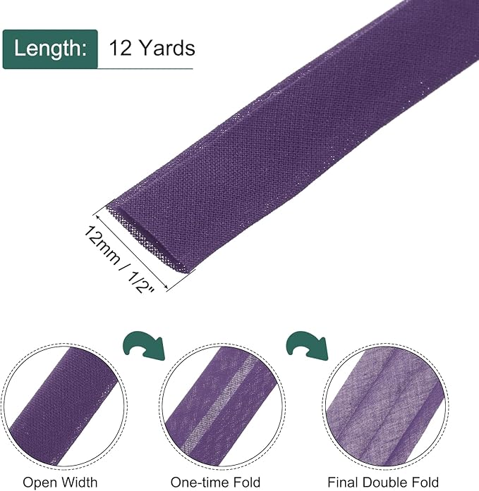 MECCANIXITY 1/2 Inch Double Fold Bias Tape Continuous Bulk Cotton Bias Tape for Sewing Seaming Quilting Hemming Binding Crafts (Dark Purple 12 Yards)