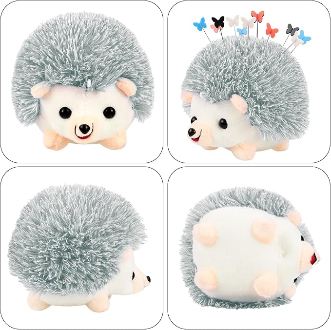 Hedgehog Shaped Pin Cushion Sewing Kit, Sewing Pincushion with 100 Pcs Colored Butterfly Pins for Sewing Dressmaker (Gray)