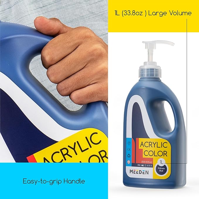 MEEDEN Phthalo Blue Acrylic Paint: 1 L /33.8 oz Satin Liquid Paint with Pump Lid - Soft Body Art Paints for Canvas, Studio, School, Wall & Poured Paintings