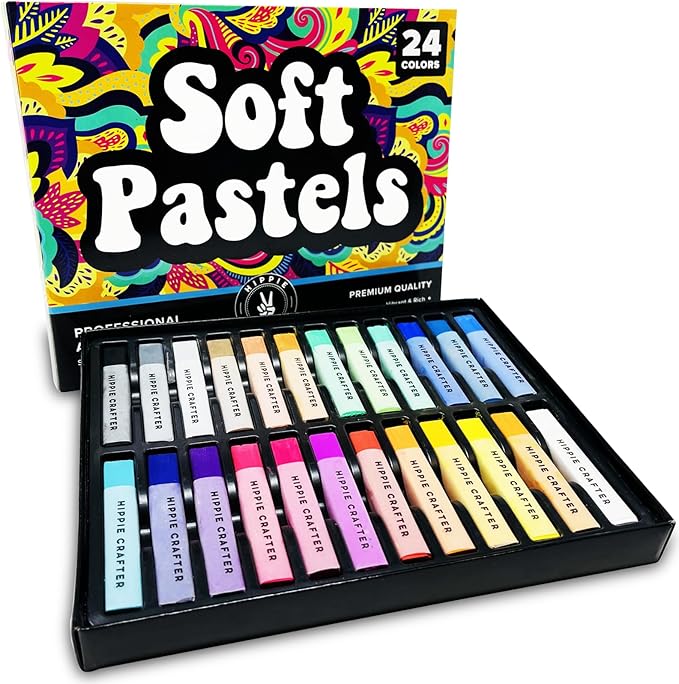 HIPPIE CRAFTER Art Supplies Set of 24 Soft Chalk Pastels, Non-Toxic, Oil-Free, Assorted Colors, Blendable, for Adults, Includes Storage Case