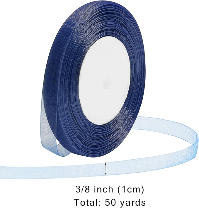 Navy Blue Ribbon for Gift Wrapping 3/8 inch Sheer Organza Ribbon for Flower Bouquet Tulle Chiffon Ribbons for Wedding Invitations Christmas Halloween Decorations Crafts 50 Yards