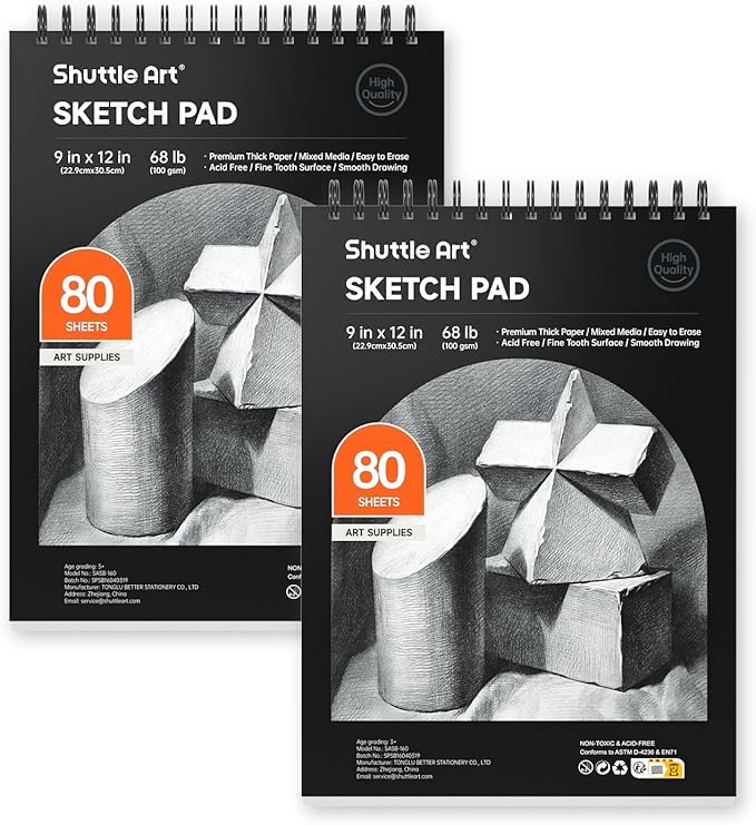 Artists Sketch Books, 9 x 12 Shuttle Art 160 Sheets of Sketch Paper pad Ideal for Drawing and School Supplies (2 Pack)